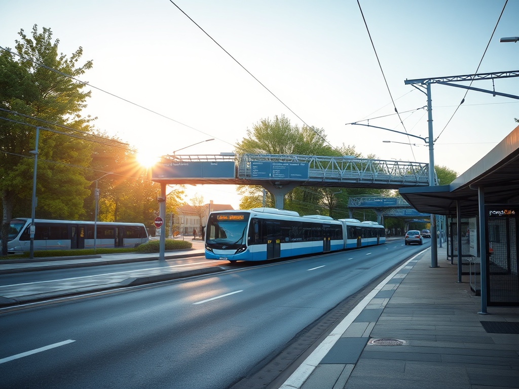 Ilustracja przedstawiająca pociąg Pendolino obok budynku Polskiego Radia w Warszawie, symbolizująca transport i media.